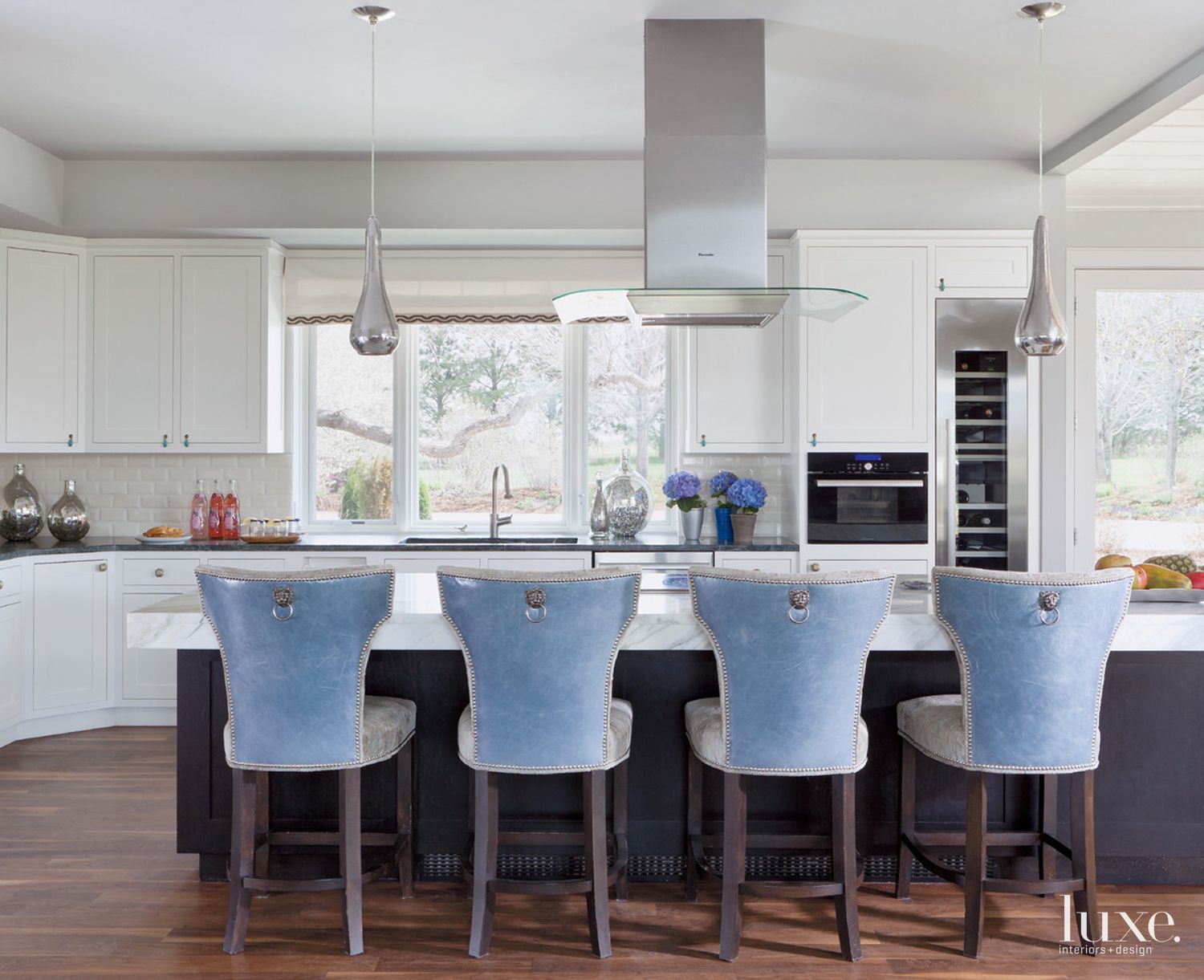 Eclectic White Kitchen with Mercury Glass Pendants Luxe Interiors