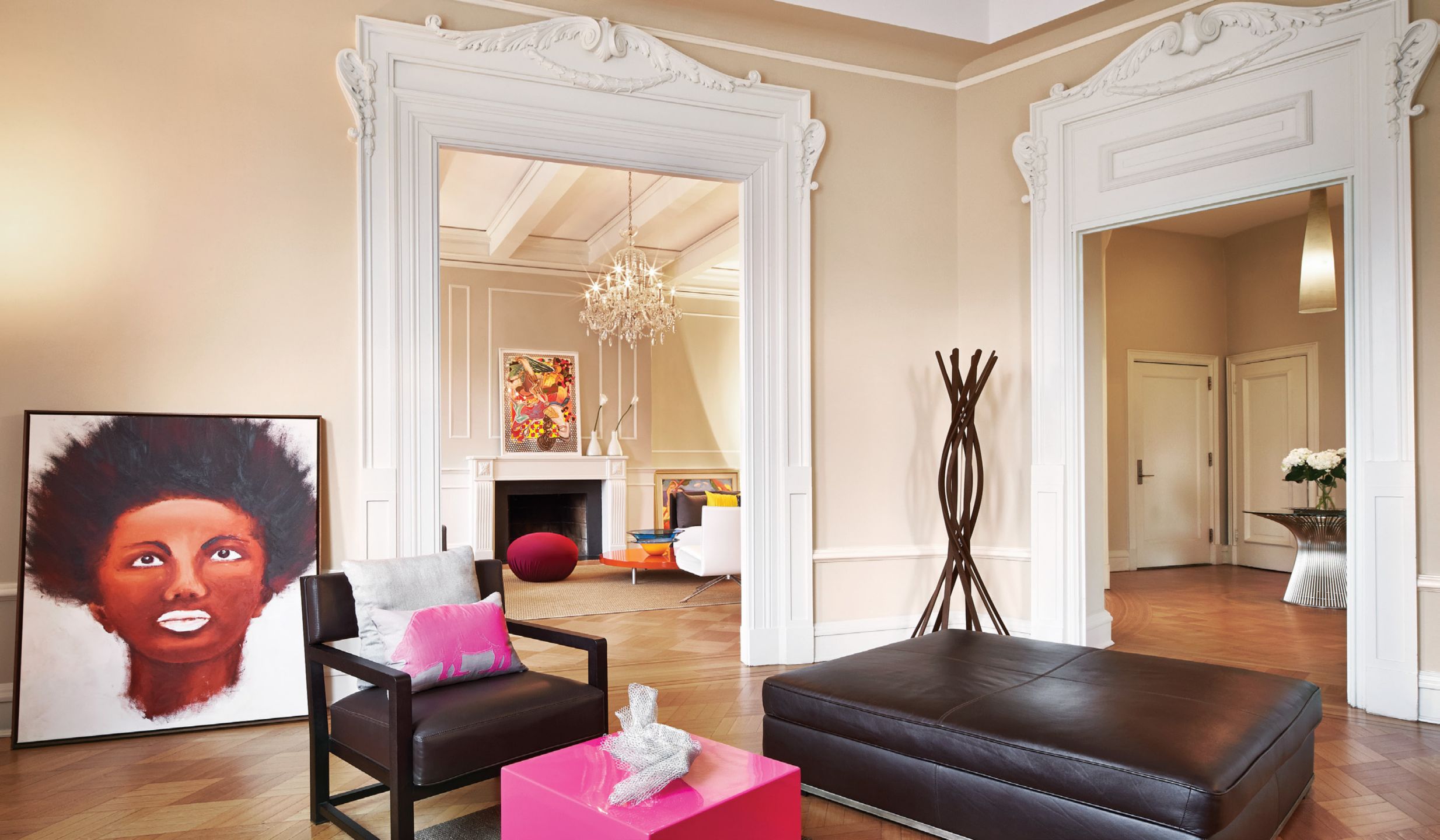 Neutral Living Room with Pink Coffee Table Luxe Interiors + Design