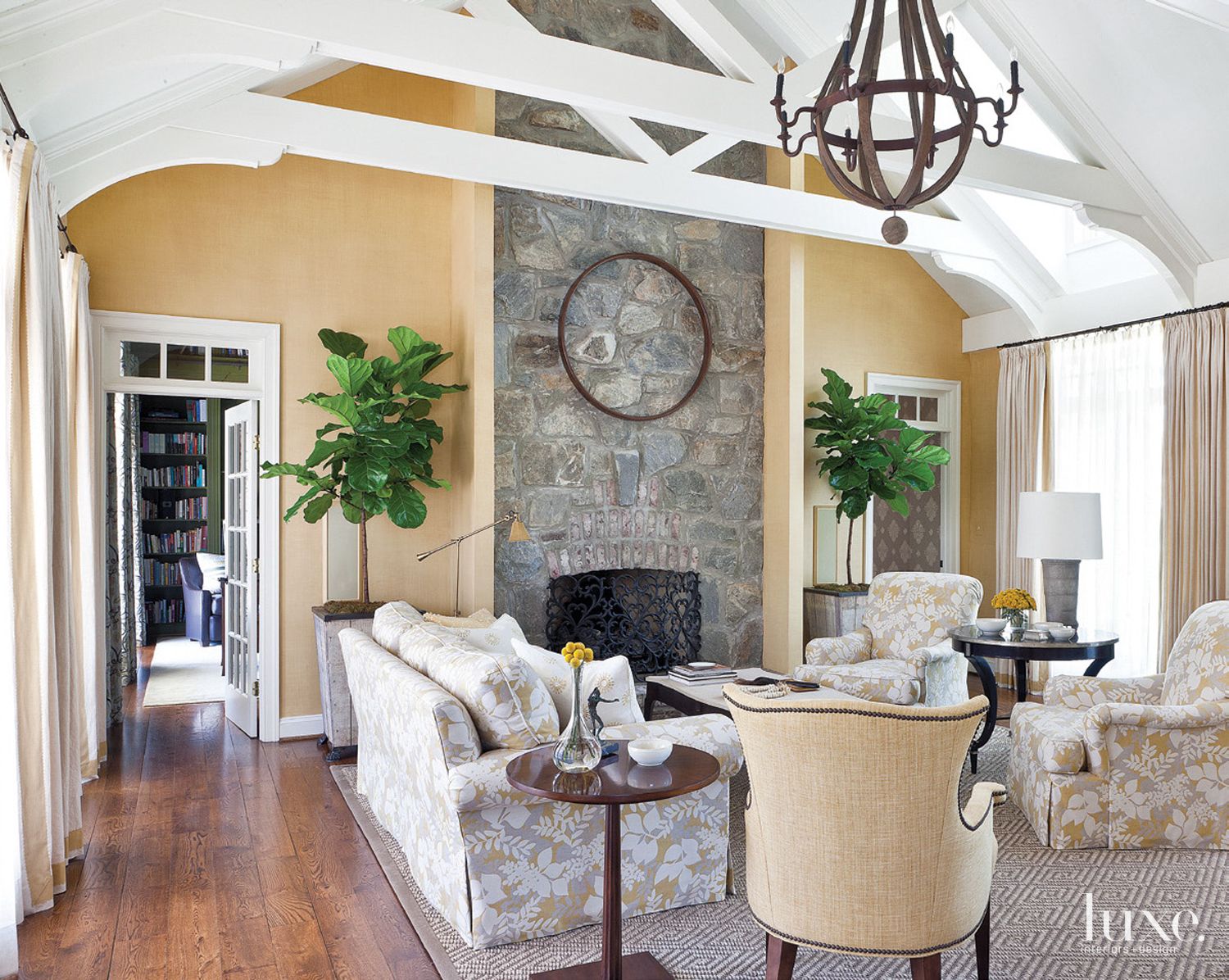Contemporary Gold Living Room with Vaulted Ceiling Luxe Interiors
