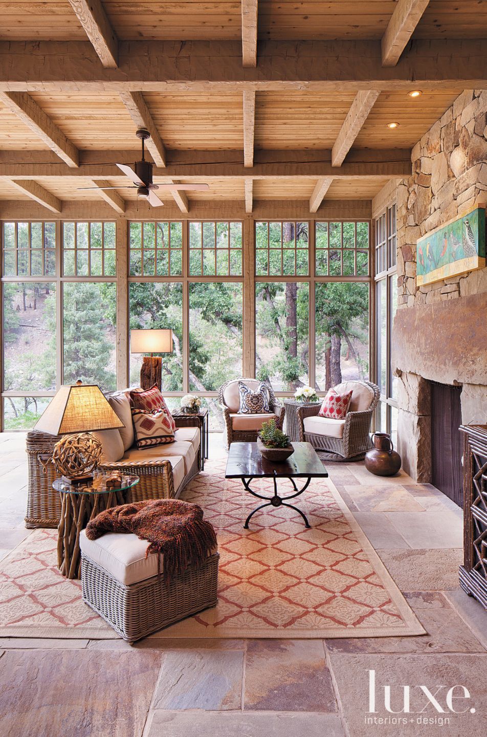 Country Neutral Screened Porch with Rustic Furnishings - Luxe Interiors ...