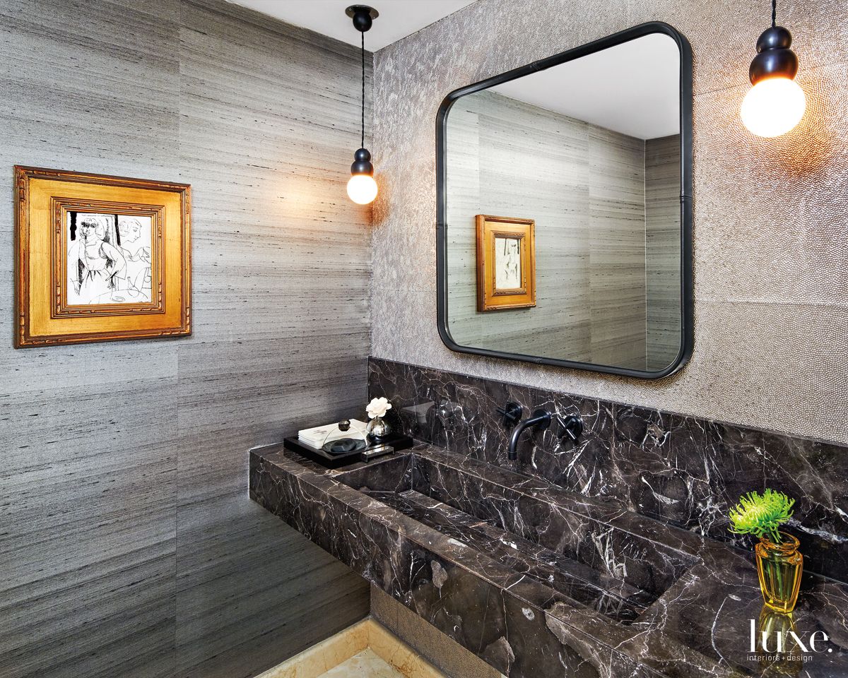 Contemporary Gray Powder Room with Custom Trough Sink Luxe Interiors