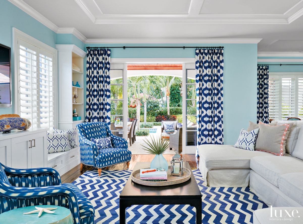 Mediterranean Blue Family Room with Bold Blue-and-White Patterns - Luxe ...