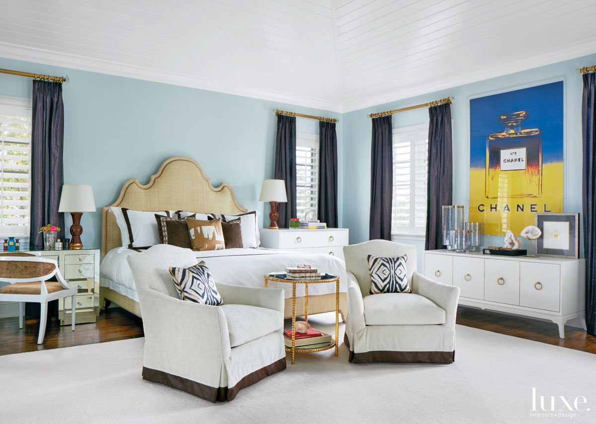 Mediterranean Blue Bedroom with Gold Side Tables Luxe Interiors + Design