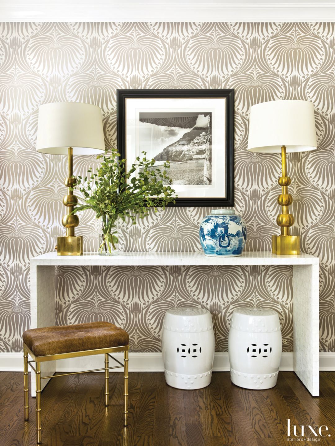 Modern Neutral Foyer with Printed Wallpaper Luxe Interiors + Design