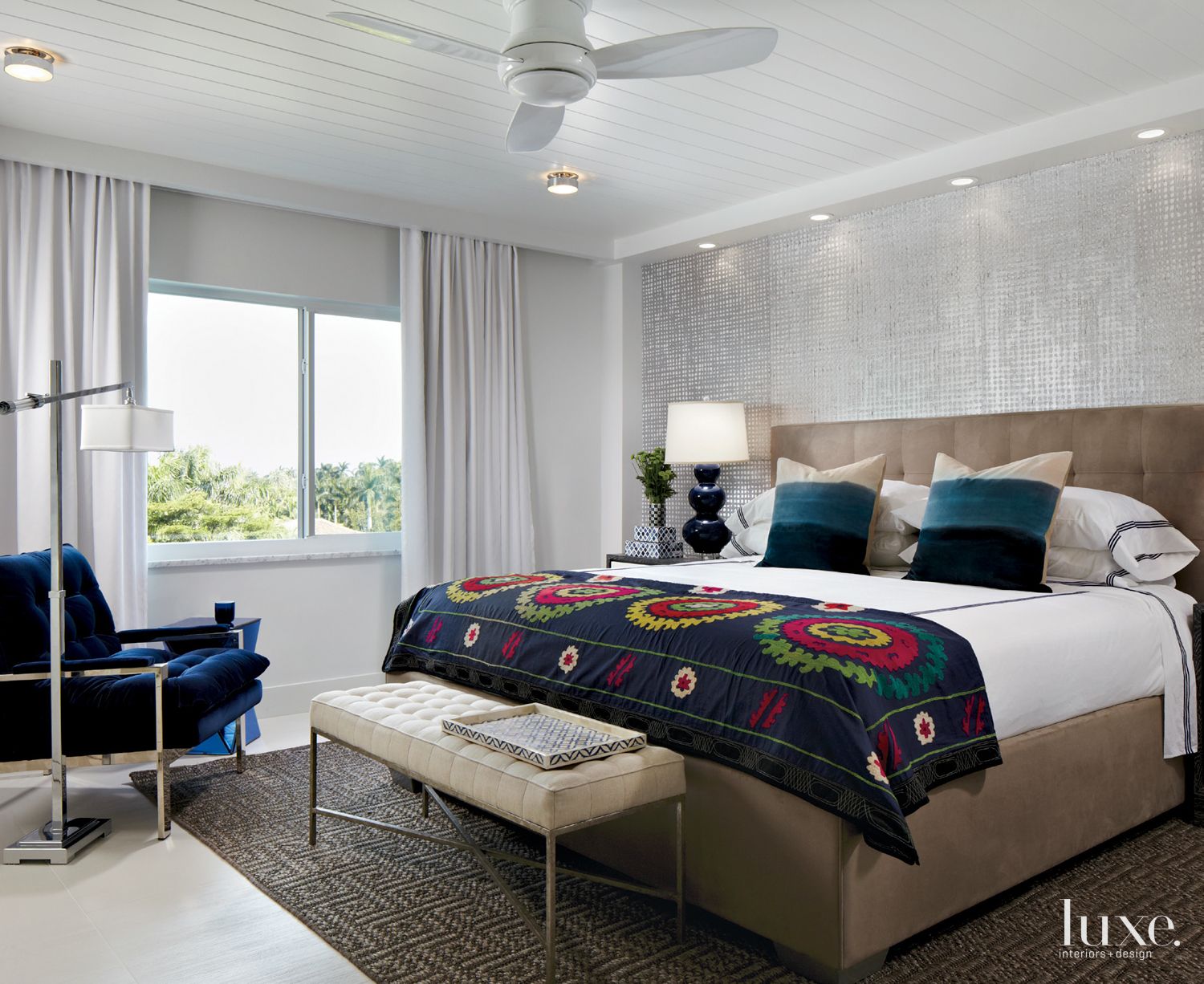 Contemporary White Bedroom with Silver Wallpaper Luxe Interiors + Design