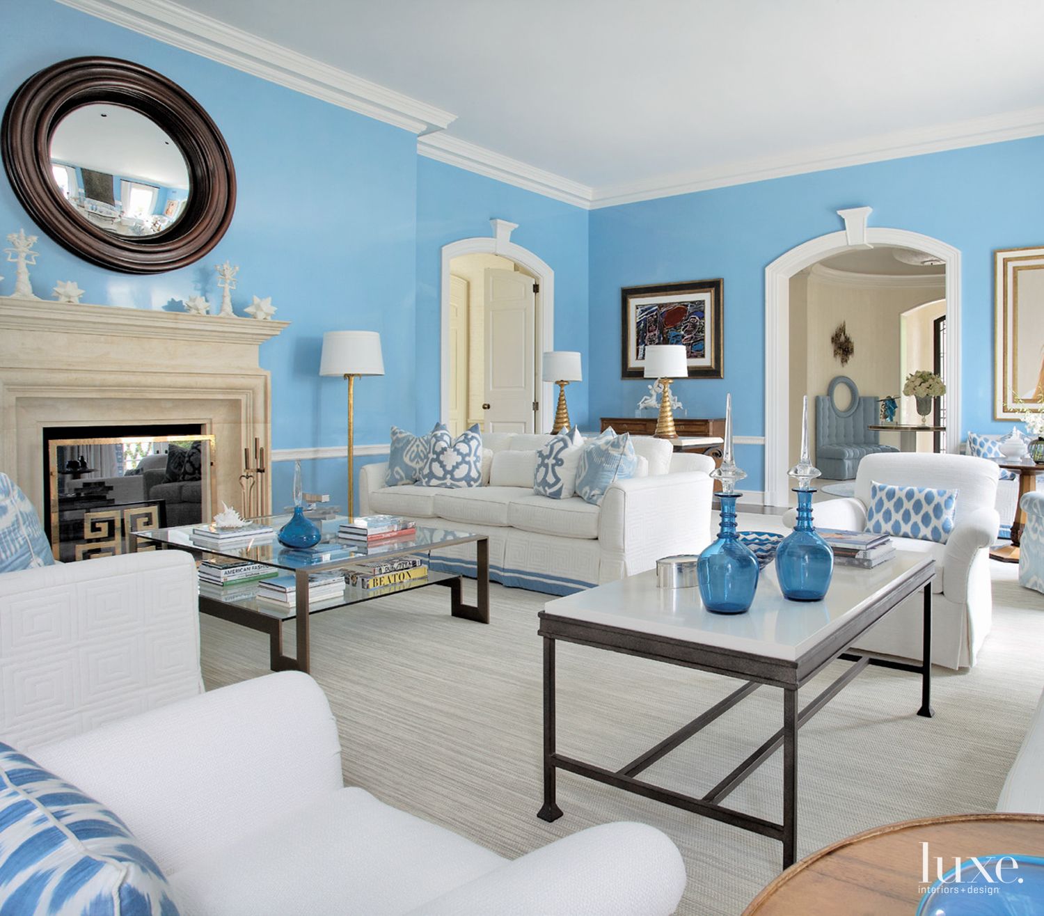 Contemporary Aqua Living Room with Stone Fireplace - Luxe Interiors ...