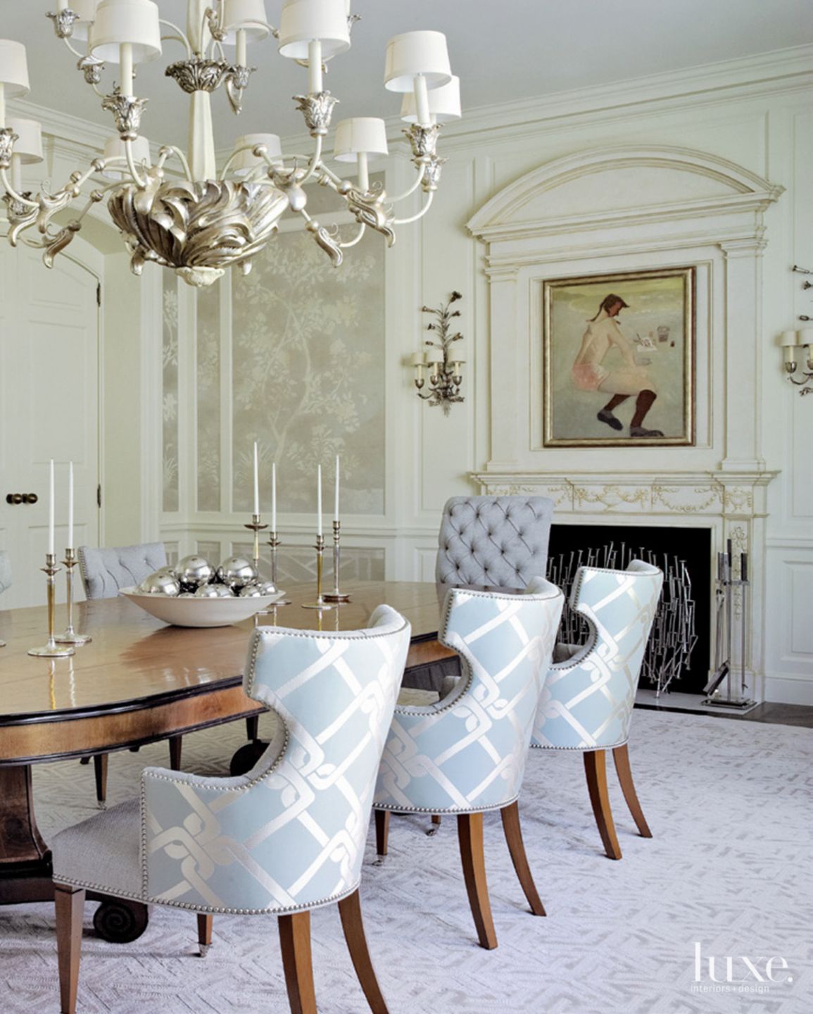 Eclectic Cream Dining Room with Lamp Shade Chandelier - Luxe Interiors ...