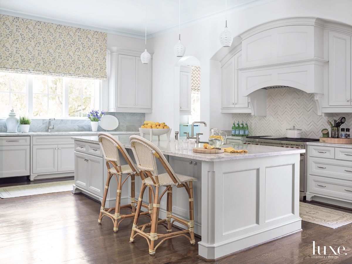 Transitional White Kitchen with Bistro-Style Stools - Luxe Interiors ...