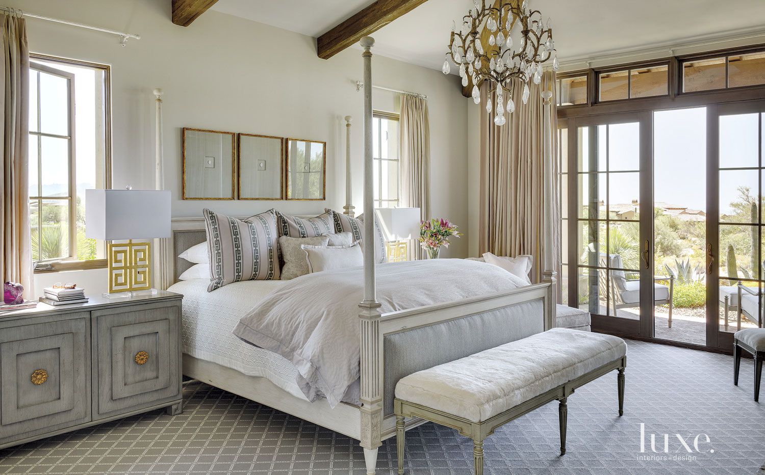 Mediterranean Cream Master Bedroom with Crystal Chandelier Luxe