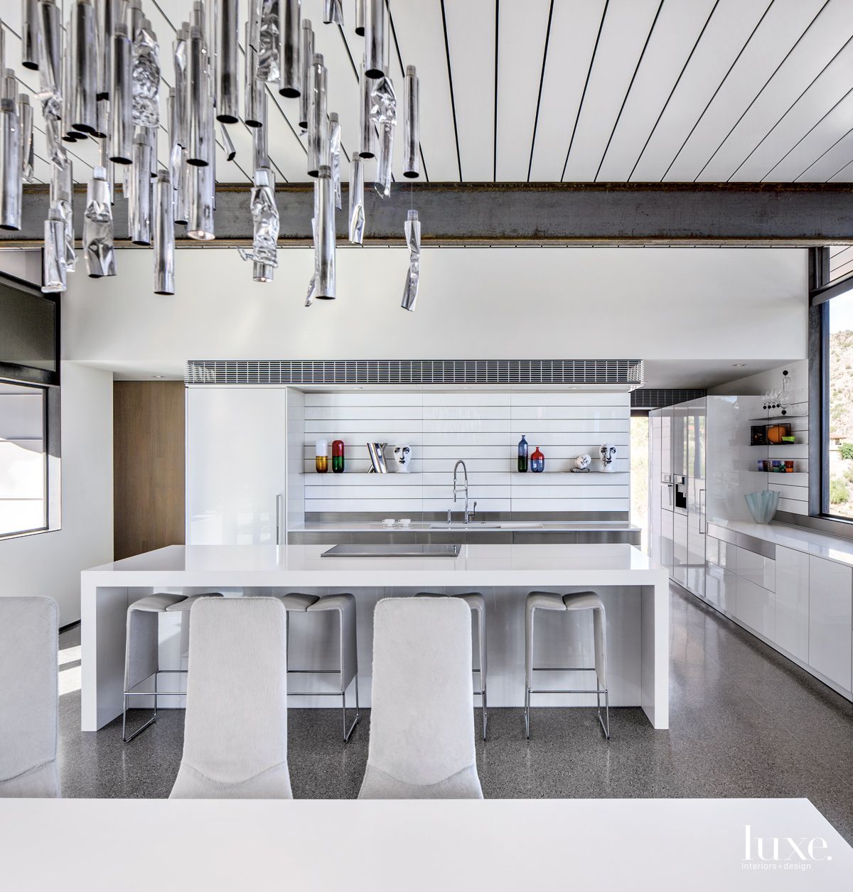 Modern Gray Kitchen with Exposed Steel Beams - Luxe Interiors + Design