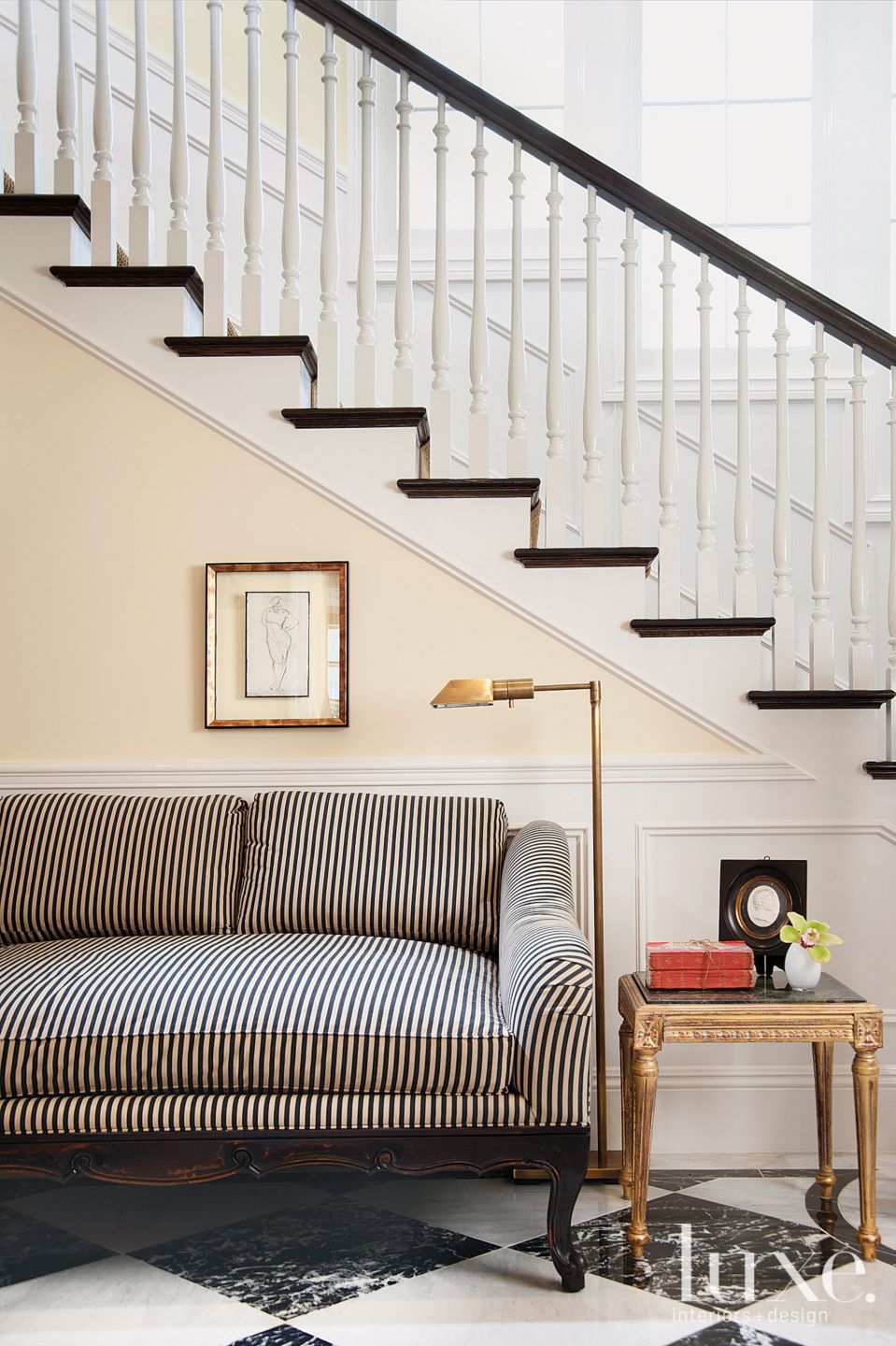 Traditional Neutral Foyer With Striped Sofa Luxe Interiors Design traditional-neutral-foyer-with-striped-sofa-luxe-interiors-design