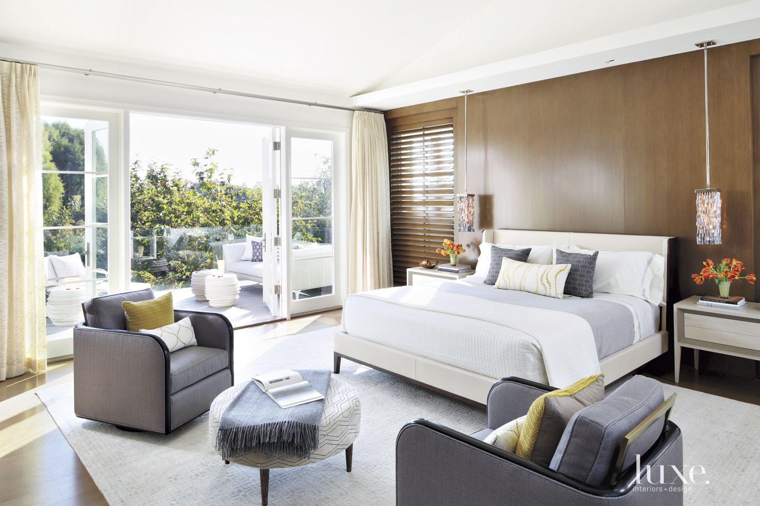 Contemporary Cream Master Bedroom with Porch - Luxe Interiors + Design