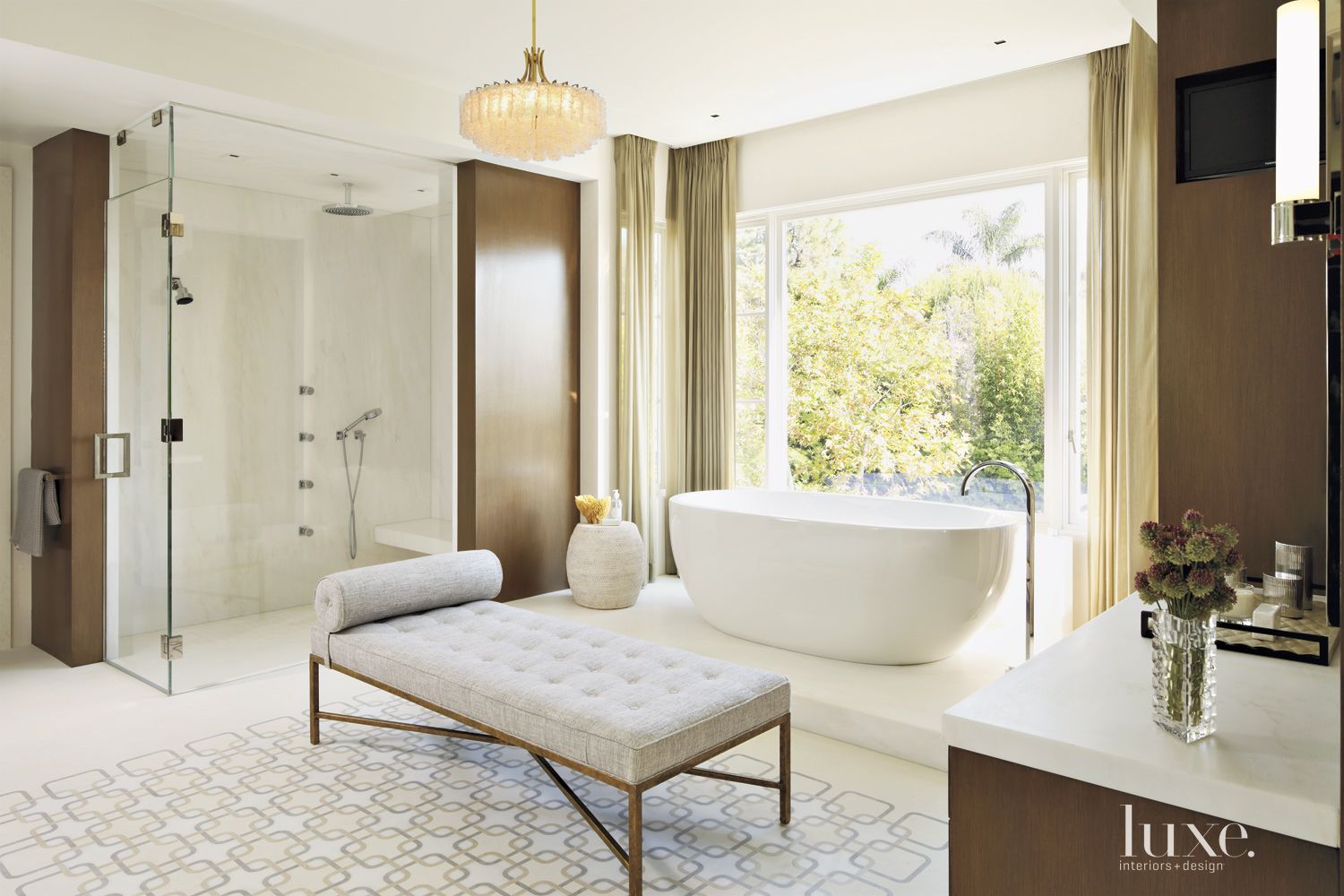 Contemporary Cream Master Bathroom with Freestanding Tub Luxe
