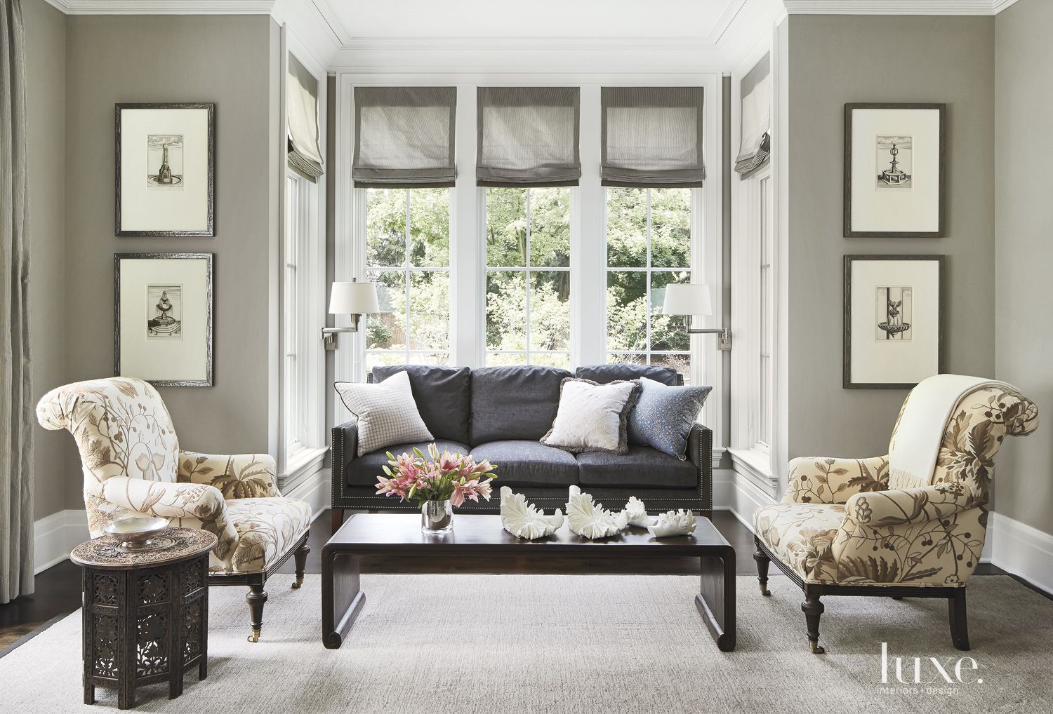 Traditional Gray Living Room with Playful Print Armchairs - Luxe ...