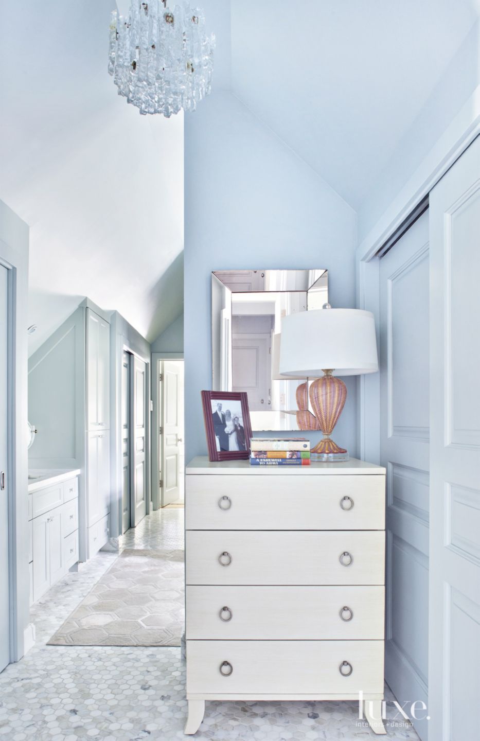 Traditional Blue Bathroom with Hints of Glamour Luxe Interiors + Design