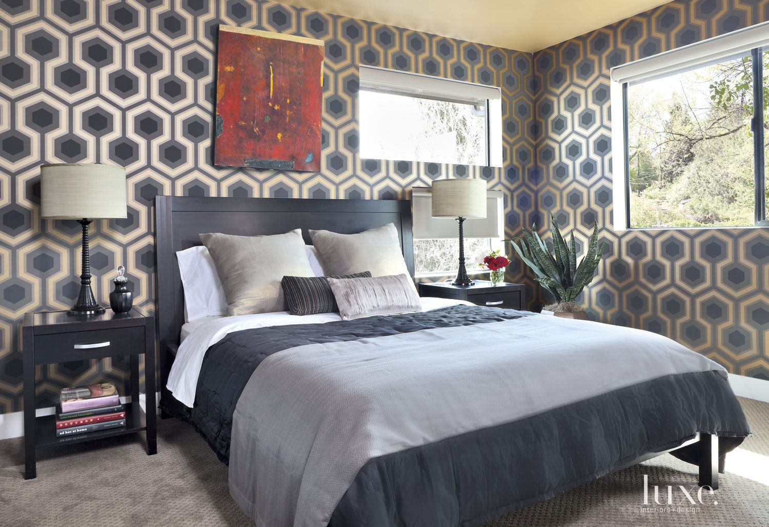 Contemporary Neutral Bedroom with Patterned Wallpaper Luxe Interiors