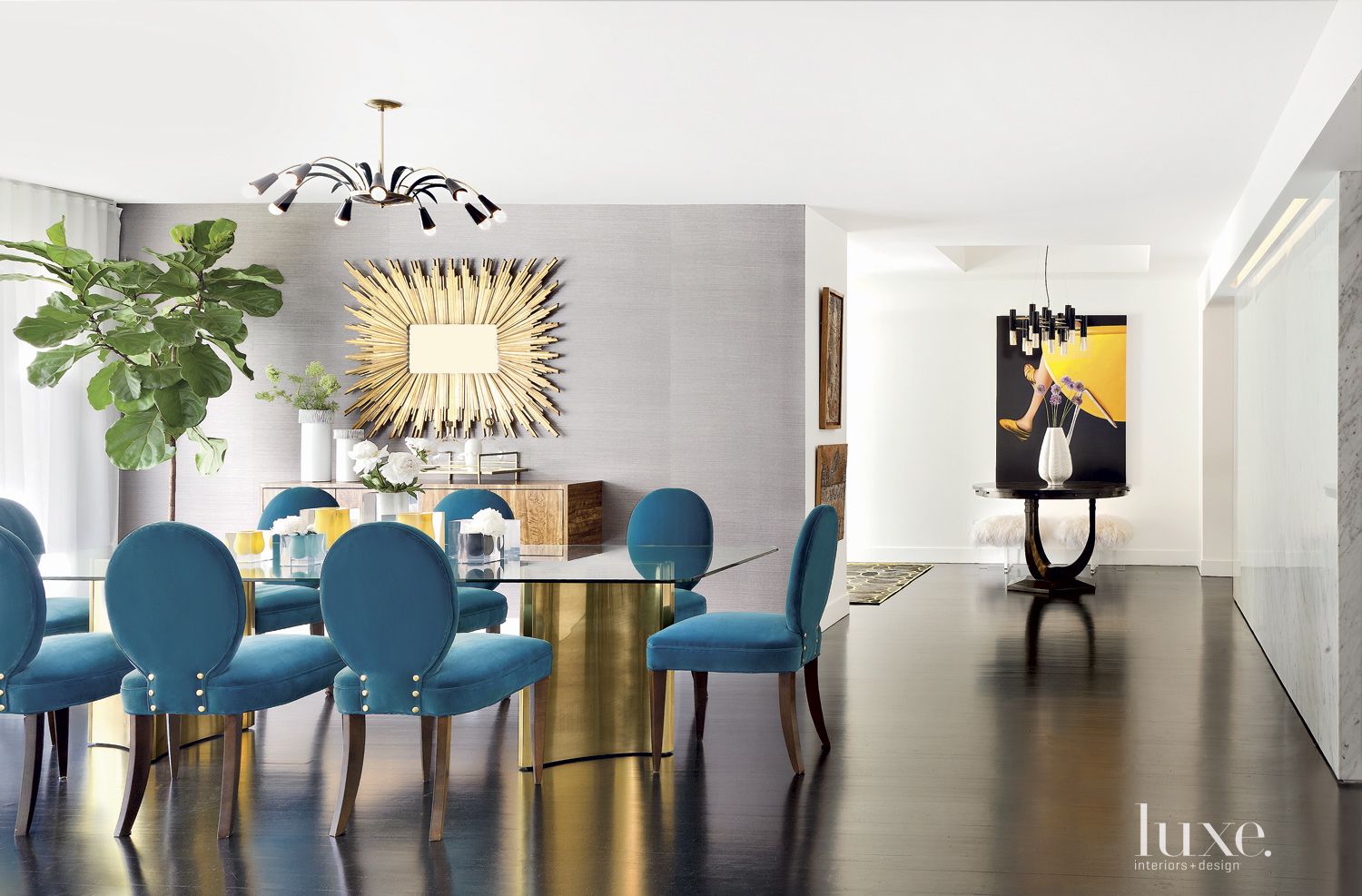 Modern Neutral Dining Room with Blue Chairs - Luxe Interiors + Design