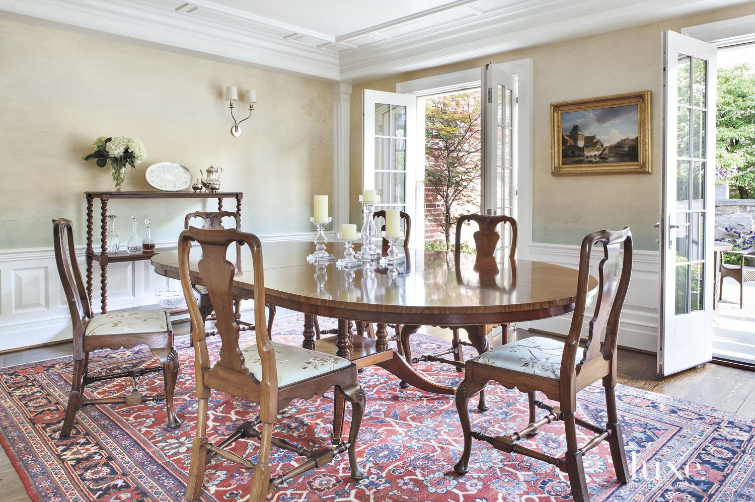 Traditional Cream Dining Room with French Doors - Luxe Interiors + Design