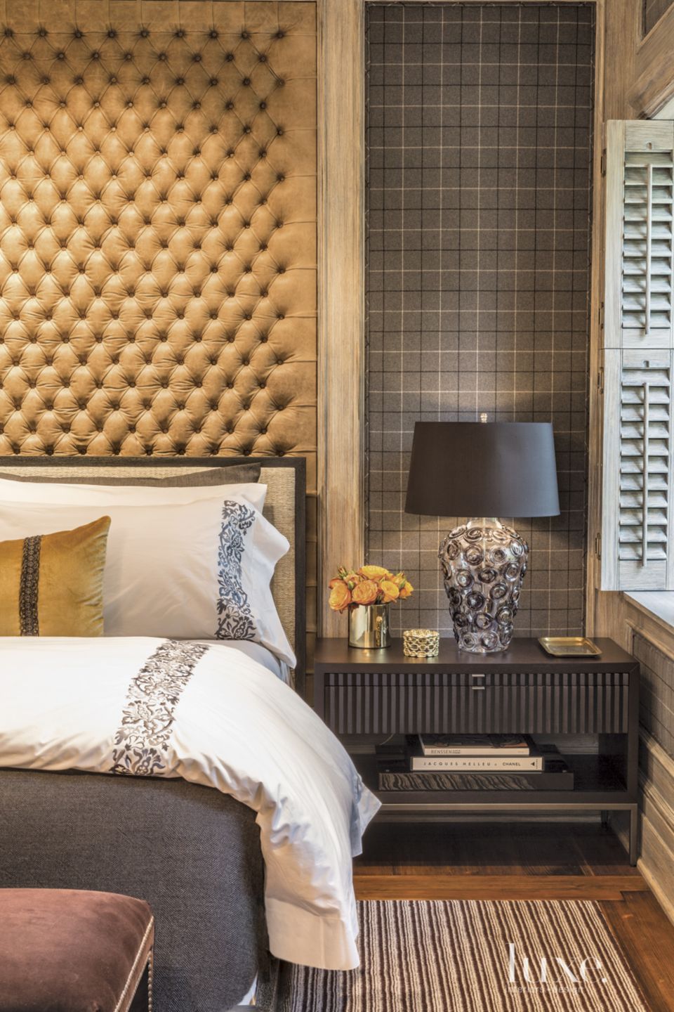 Transitional Brown Master Bedroom with Plaid Wallcovering Luxe
