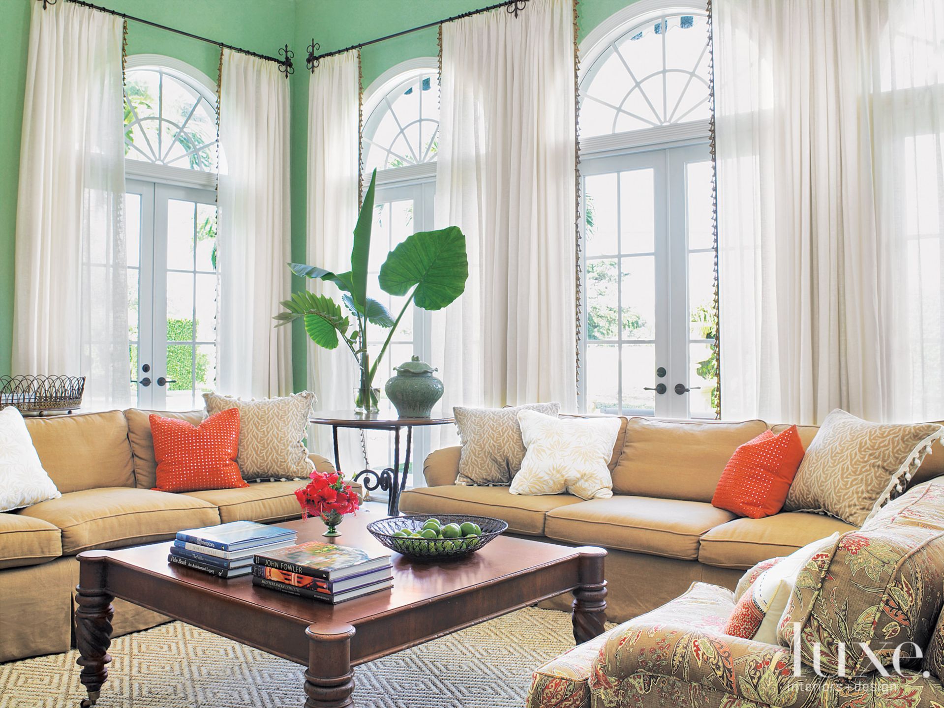 Mediterranean Green Family Room with Floral Chairs - Luxe Interiors ...
