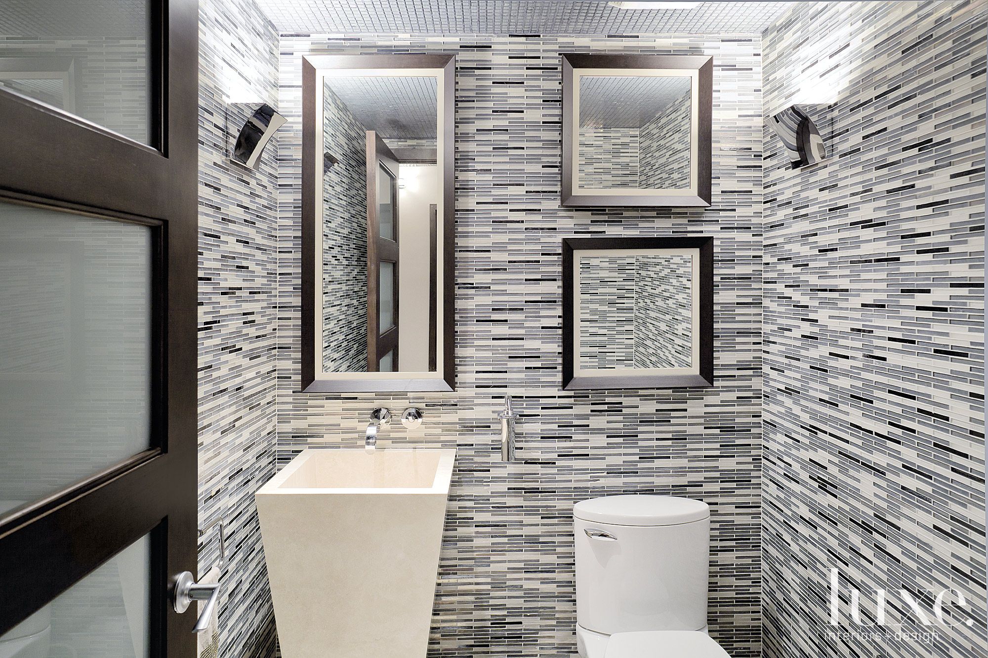 Contemporary Neutral Powder Room with Pedestal Sink Luxe Interiors