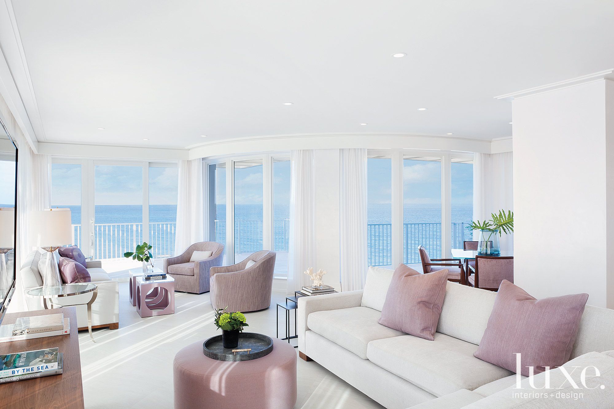 Contemporary White Living Room with Ocean Views Luxe Interiors + Design