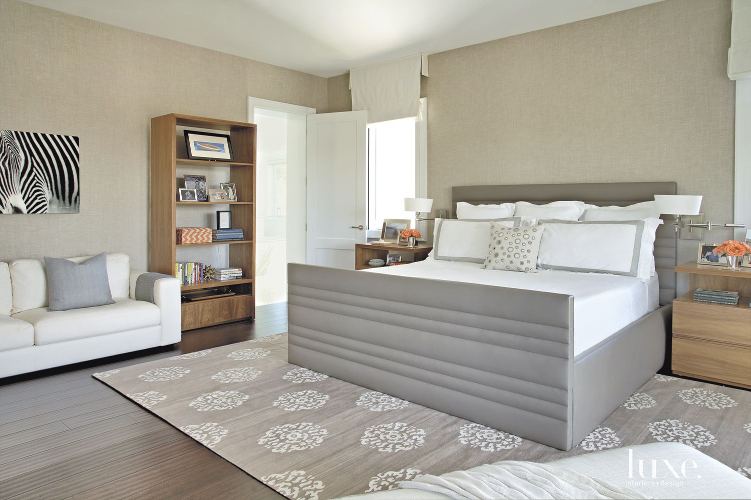 Contemporary Neutral Bedroom with Linen WallCovering Luxe Interiors