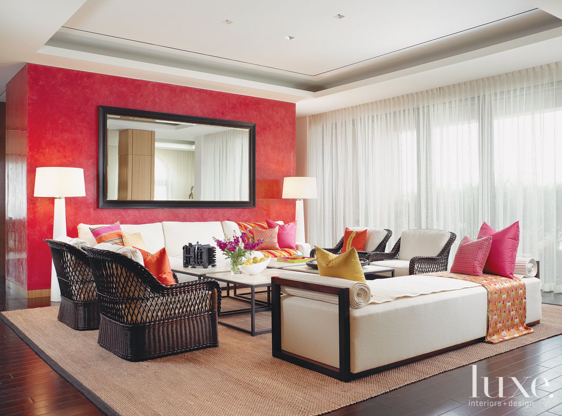 Contemporary Red Living Room with Plaster Wall Luxe