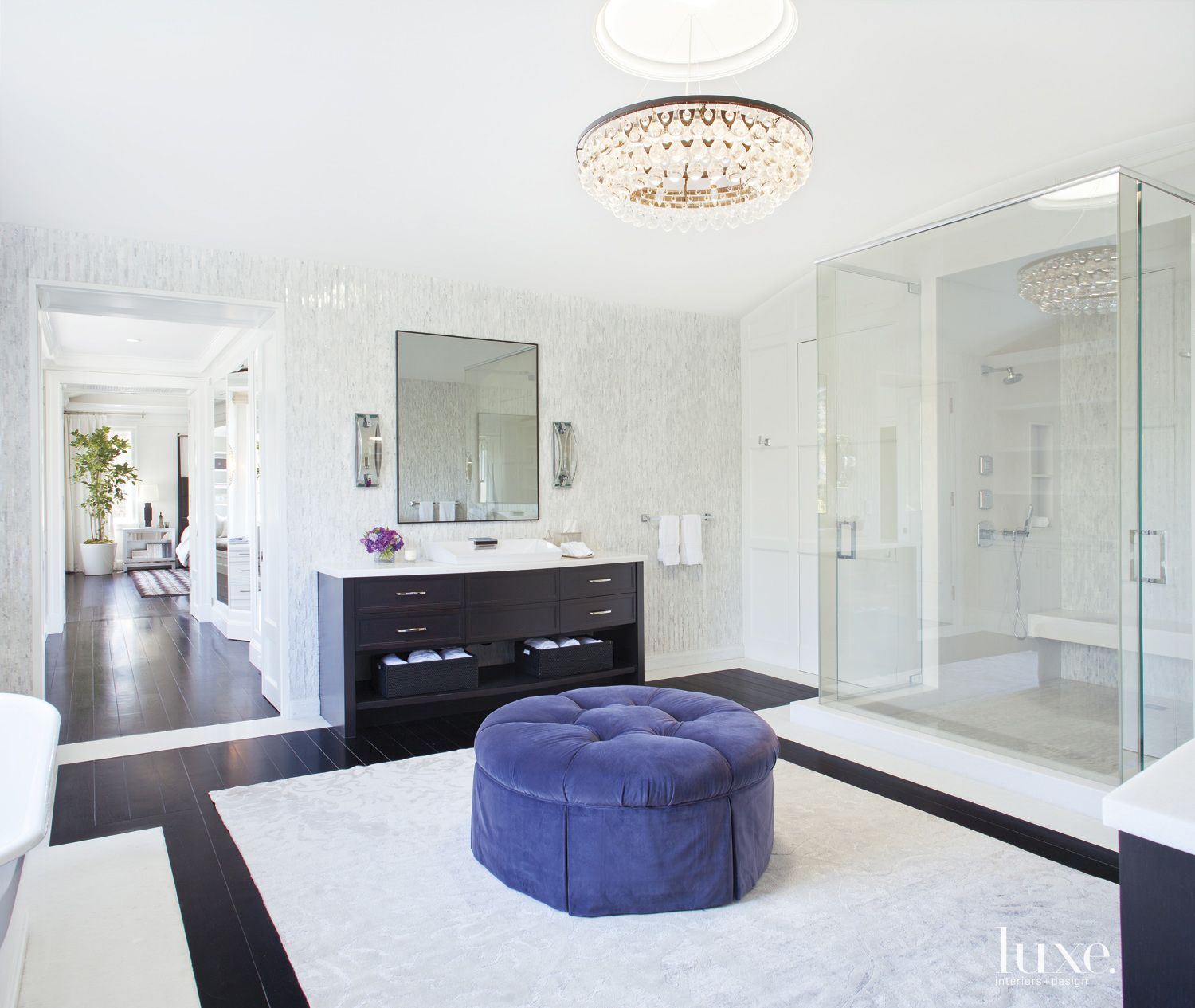 Transitional White Master Bath with Purple Ottoman Luxe Interiors
