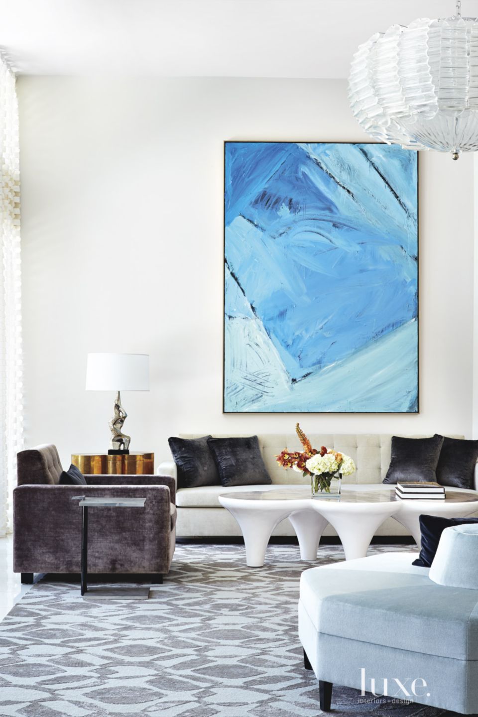 Modern White Living Room Vignette with Painting - Luxe Interiors + Design