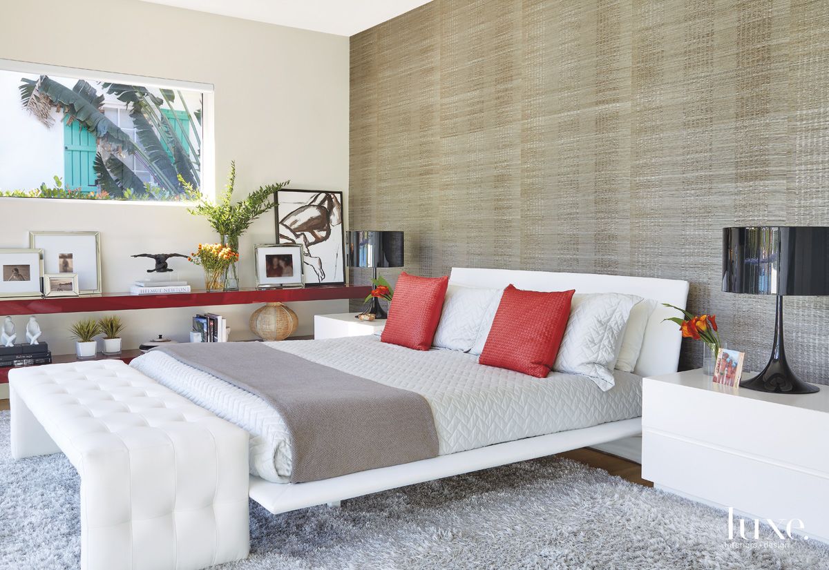 Contemporary White Bedroom with Custom Shelves - Luxe Interiors + Design