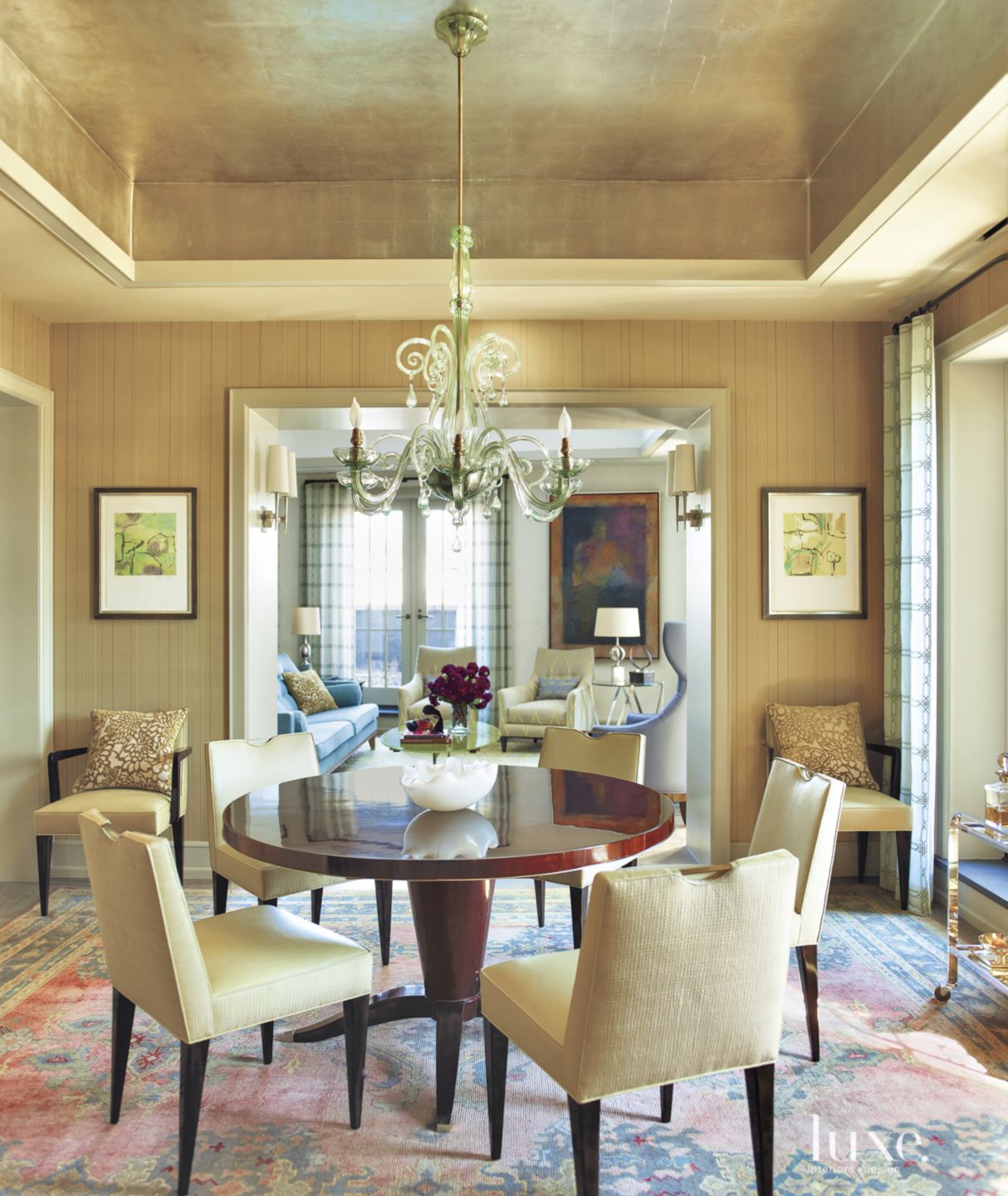 Contemporary Gold Dining Room with Vintage Table Luxe Interiors + Design