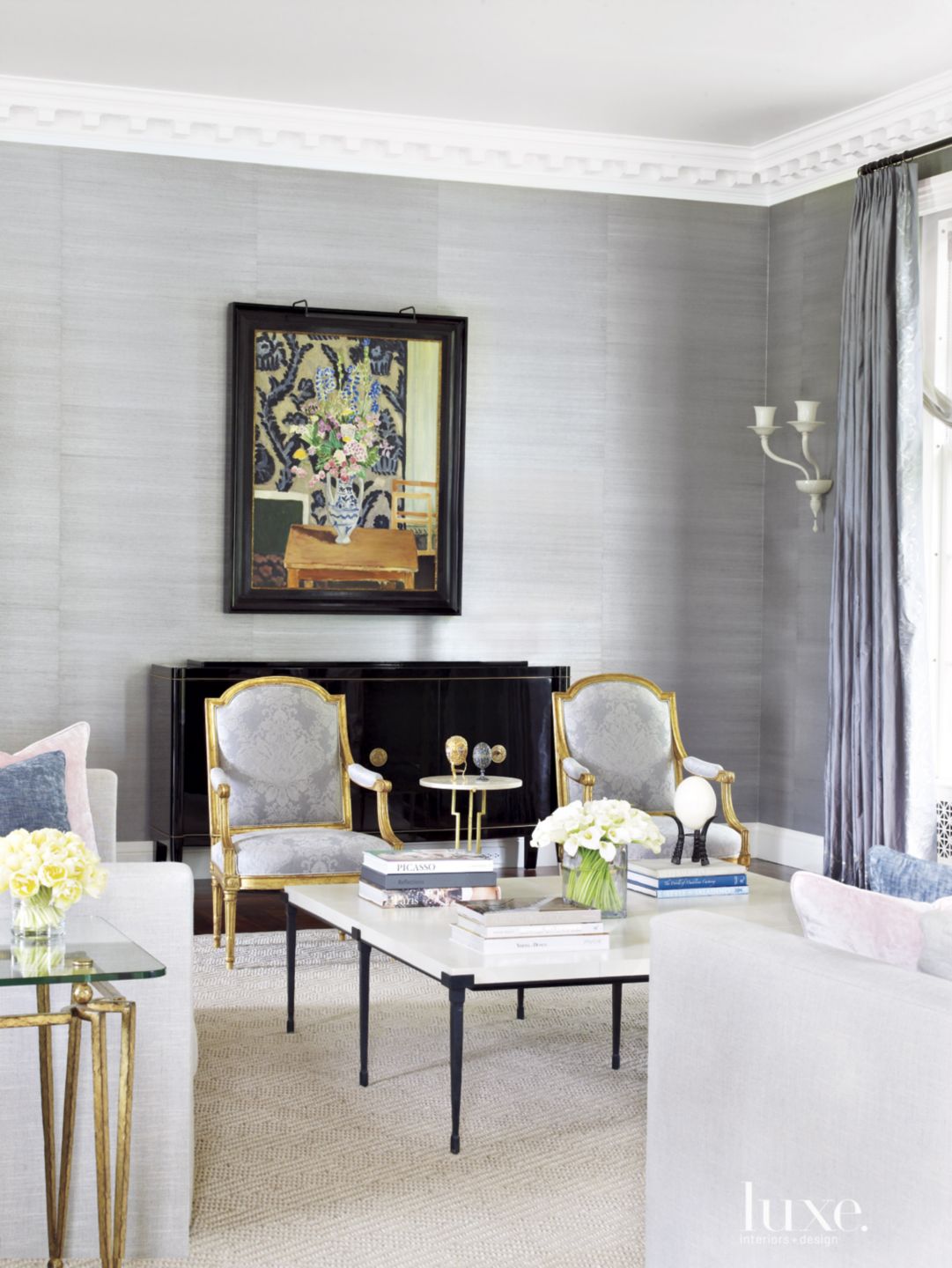 Traditional Gray Living Room with Gold Accents Luxe Interiors + Design