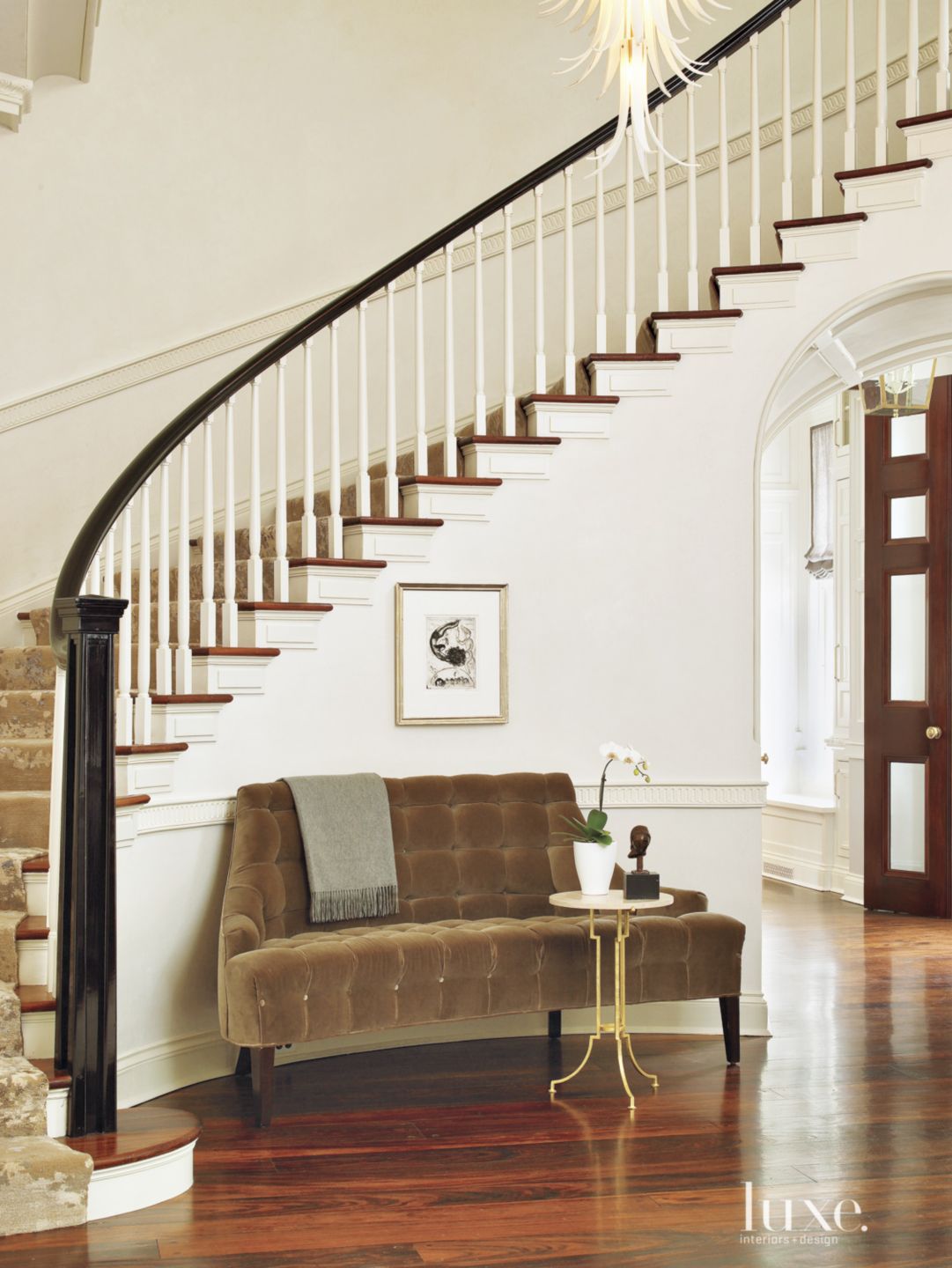 Traditional White Foyer with CottonVelvet Settee Luxe Interiors + Design