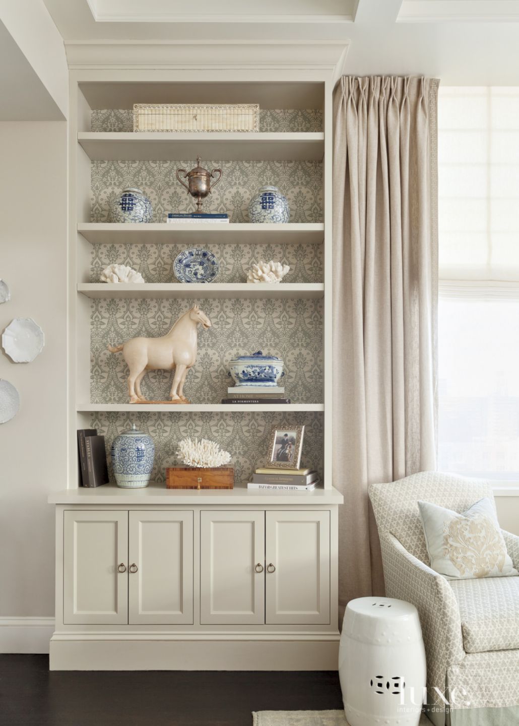 Eclectic Neutral Living Room with Damask Wallpaper Luxe