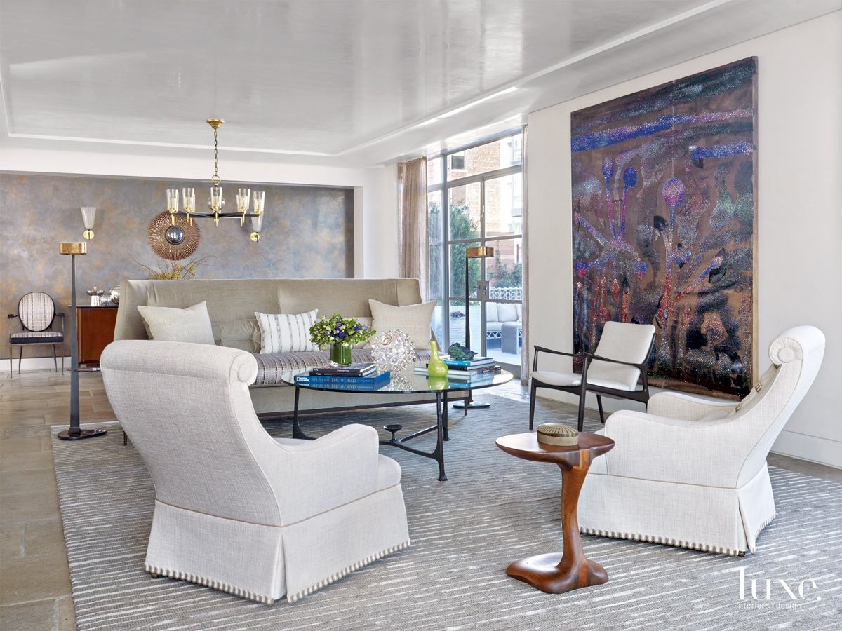 Transitional White Living Room with Terrace Access - Luxe Interiors ...