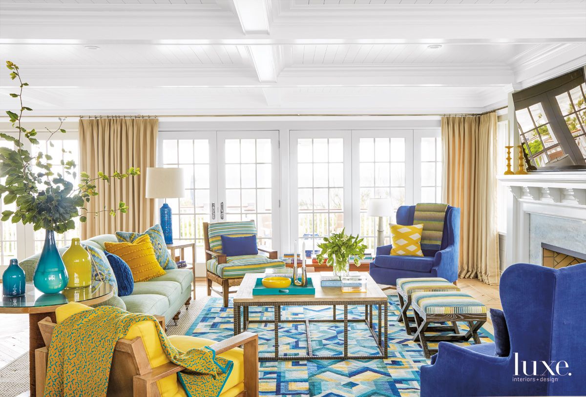 Contemporary Blue Living Room with Yellow and Blue Furnishings - Luxe ...