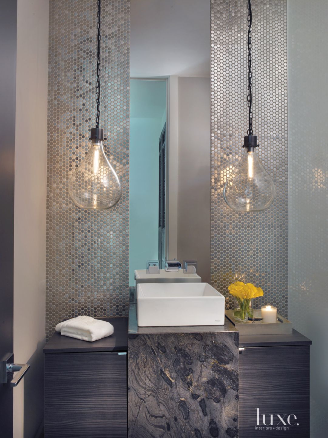 Contemporary Neutral Powder Room with Penny Round Mosaic - Luxe ...