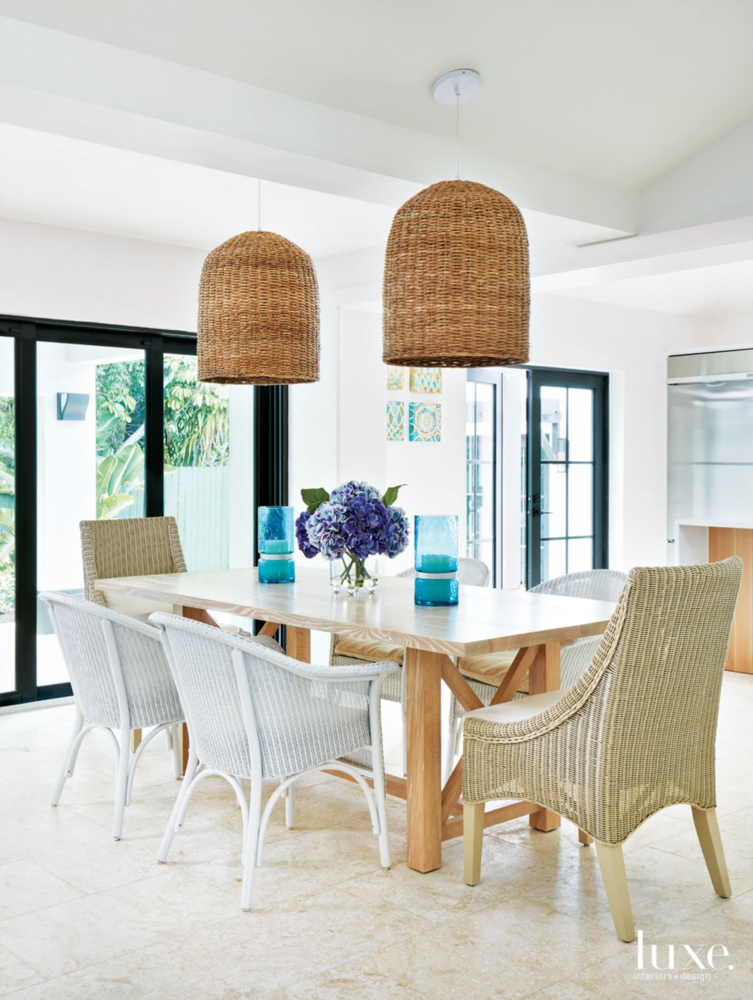 Modern White Dining Room with Basket Chandeliers Luxe Interiors + Design