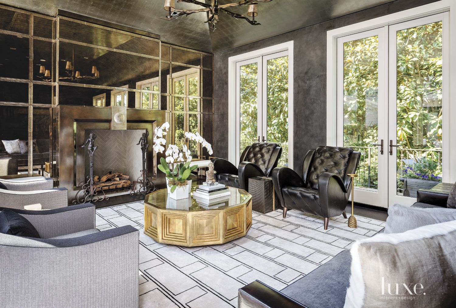 Contemporary Black Living Room with CastGlass Wall Luxe Interiors