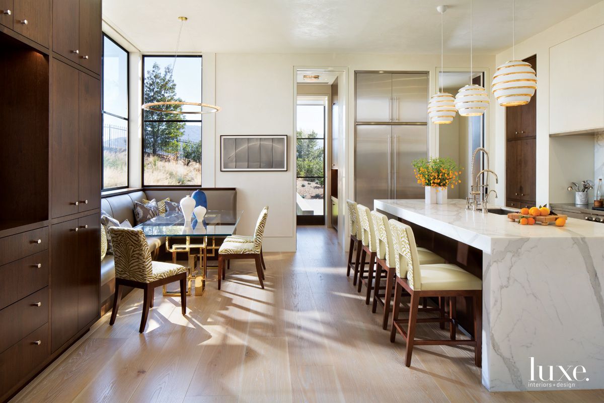 Modern White Kitchen with Glass Breakfast Table - Luxe Interiors + Design