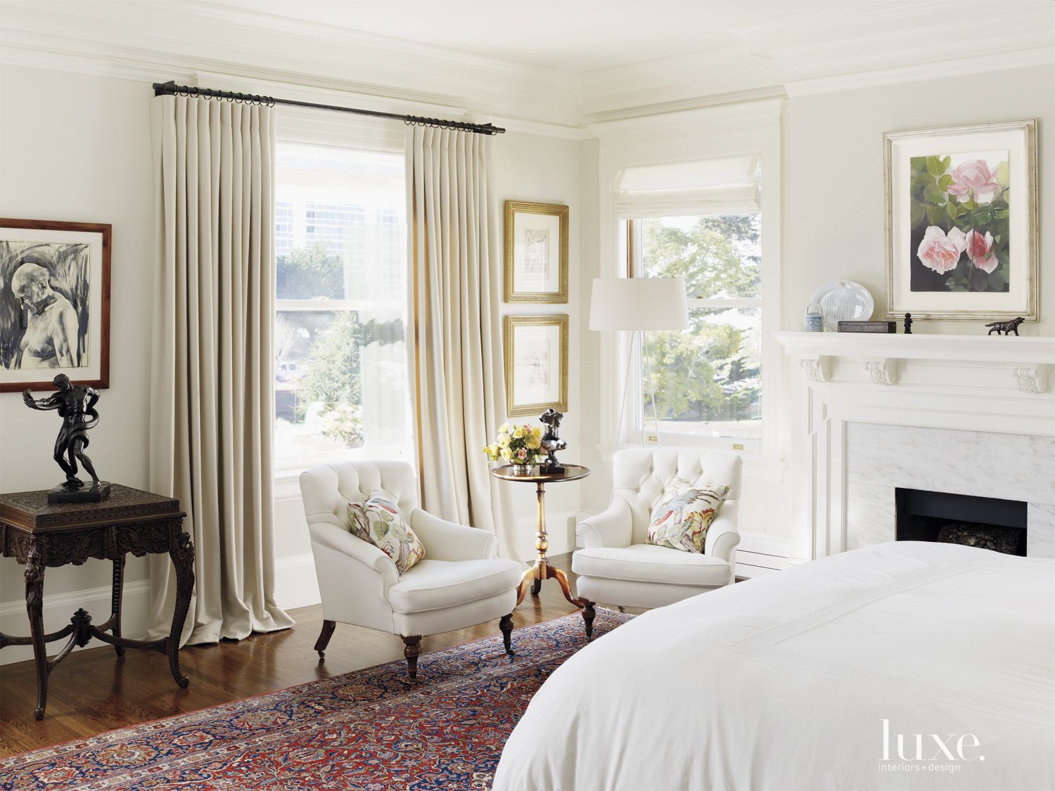 Traditional White Master Bedroom Seating Area - Luxe Interiors + Design