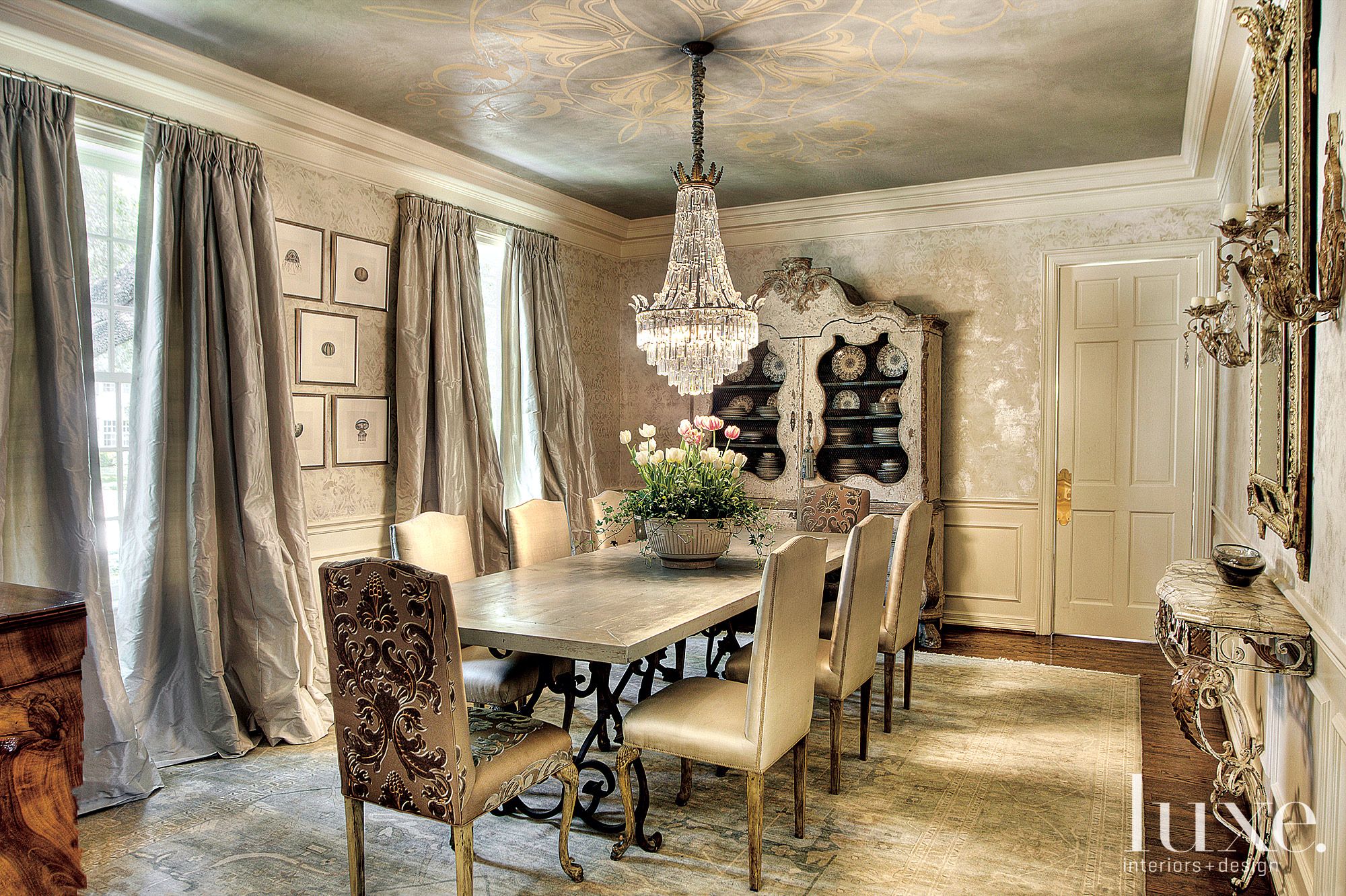 Traditional Cream Dining Room with Crystal Chandelier Luxe Interiors