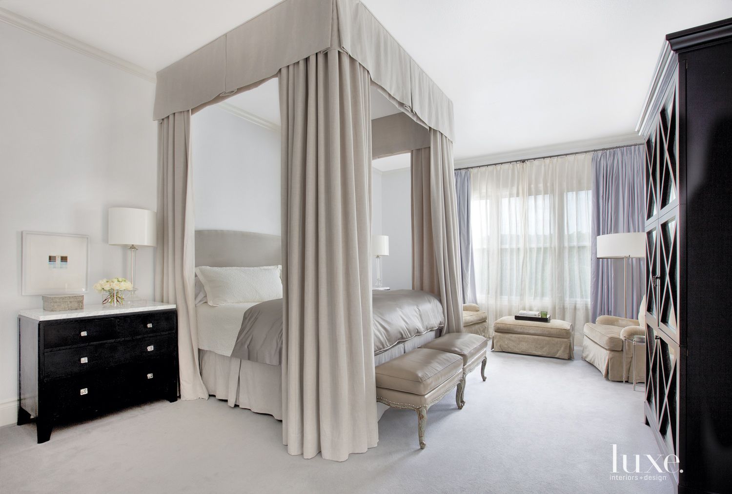 Contemporary Cream Master Bedroom with Canopy Bed - Luxe Interiors + Design