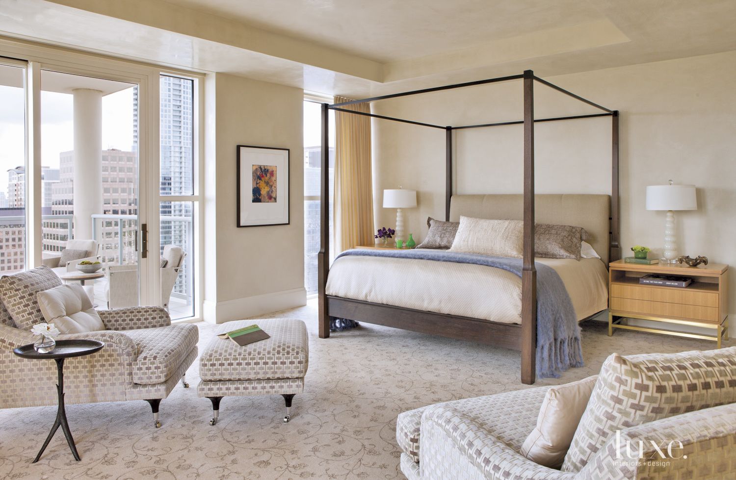 Contemporary Neutral Bedroom with Balcony Luxe Interiors + Design