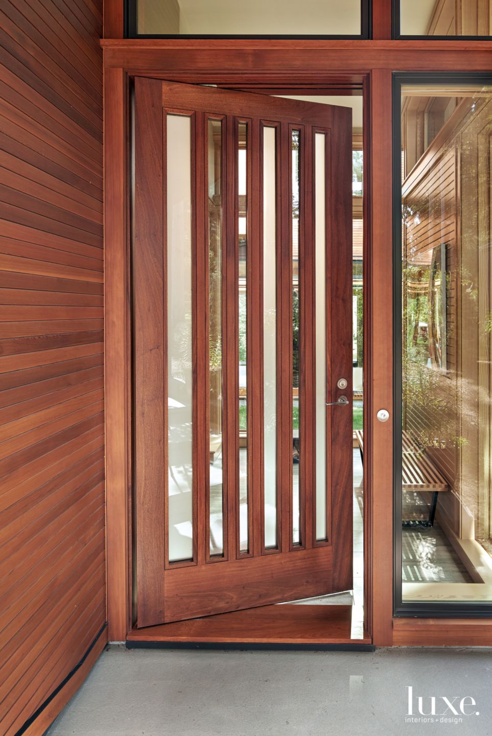 Modern Brown Entry with Custom Etched-and-Clear Glass Door - Luxe