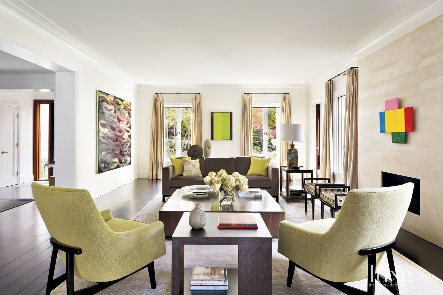 Transitional Neutral Living Room with Chartreuse Accents Luxe