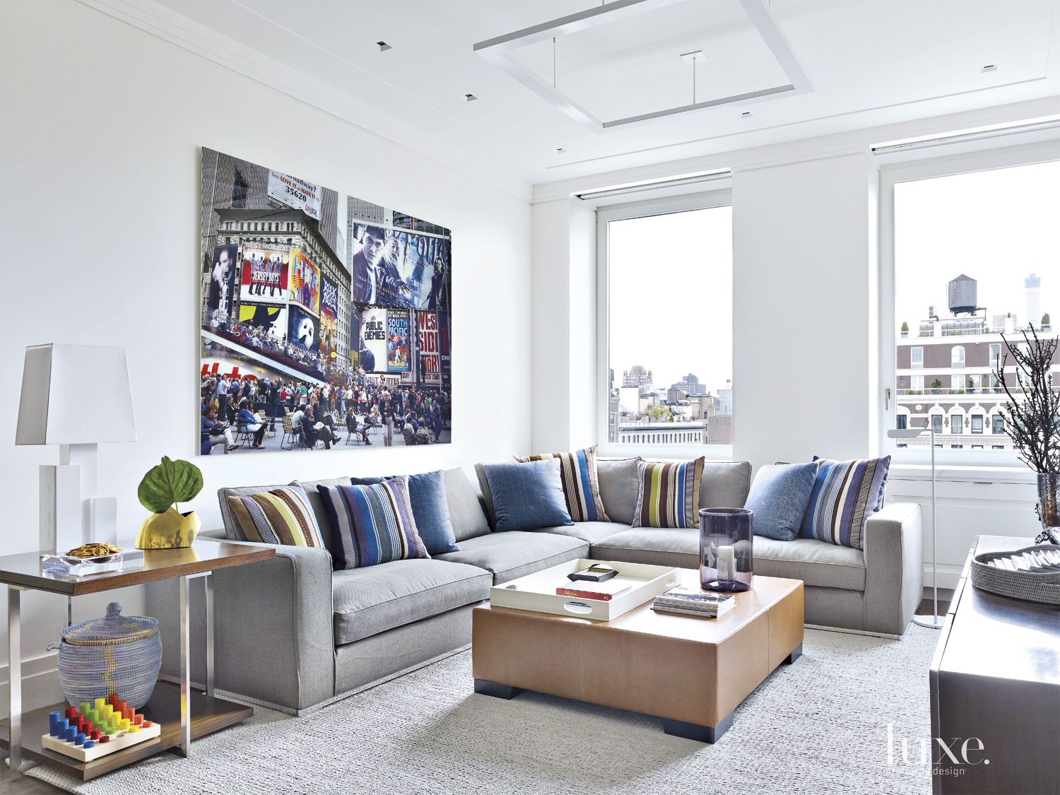 Modern Neutral Family Room with Gray Sectional Luxe Interiors + Design
