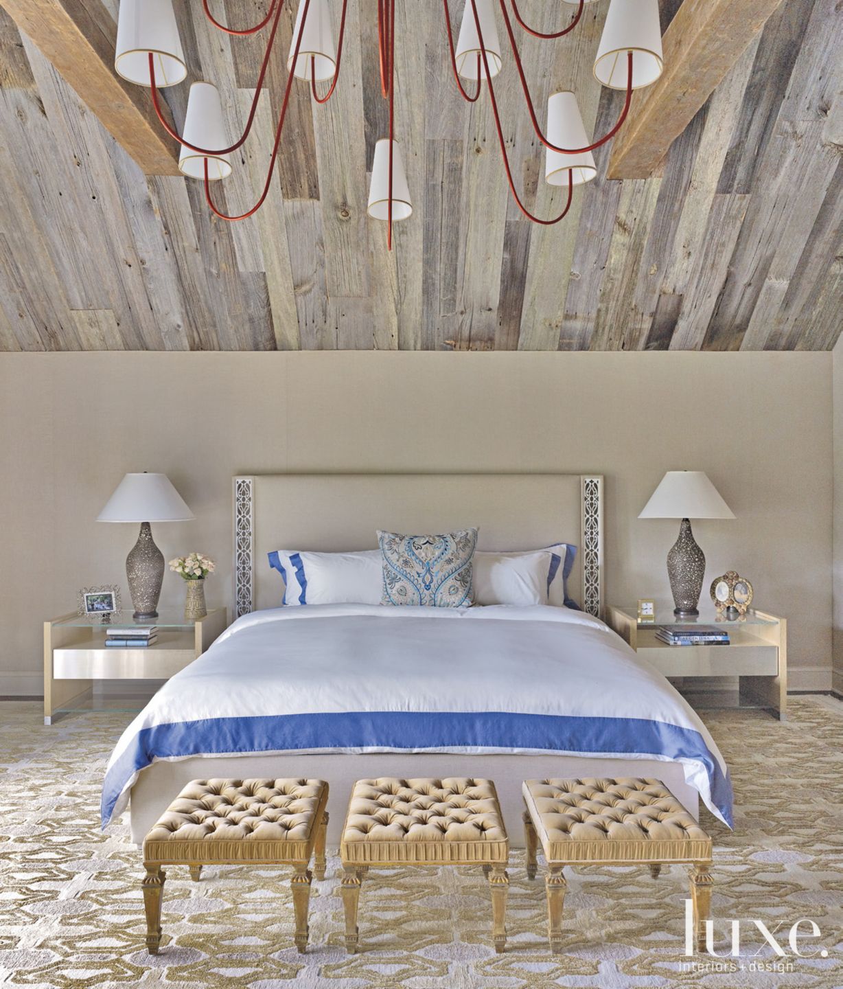 Neutral Contemporary Master Bedroom with Vaulted Ceiling Luxe