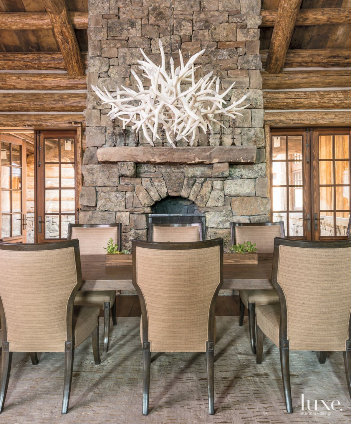 Mountain Neutral Dining Room with Ceramic Antler Chandelier - Luxe ...